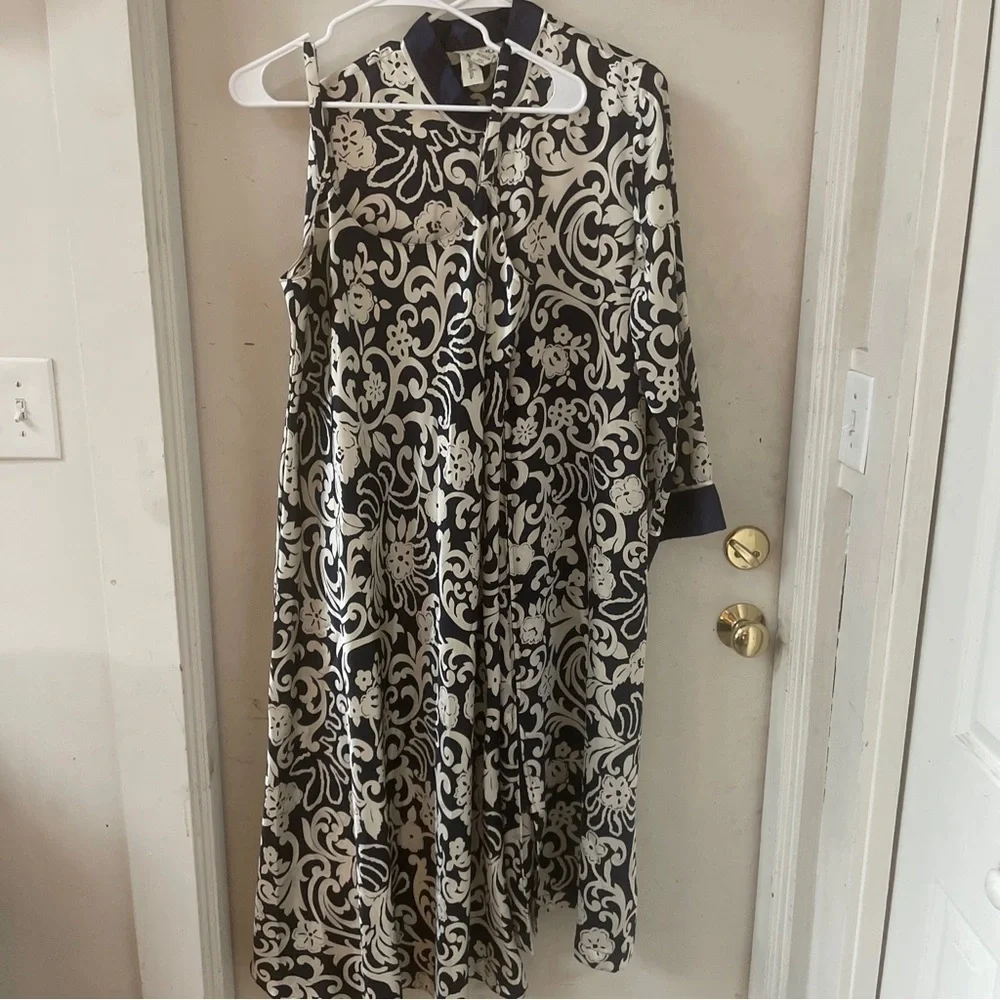 Natori Vintage Full Zip Caftan Robe & Gown Set Navy Neiman Marcus Long Kimono M